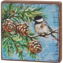 Christmas Chickadee Bird Winter Block Sign