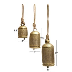 Metal Tibetan Inspired Meditation Decorative Cow Bell With Jute Hanging Rope, Set Of 3 10",8",6"H, Bronze -Christmas Decoration 26718 3 41088.1694626122