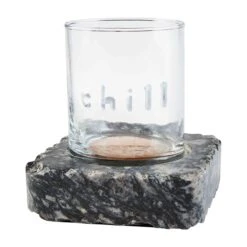 "Chill" Double Old Fashioned Glass With Black Granite Chilling Stone Coaster By Mud Pie