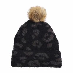 Leopard Chenille Beanie With Fur Pom Topper, Black By Mud Pie