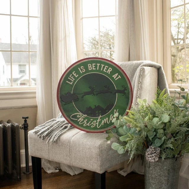 "Life Is Better At Christmas" Santa & Sleigh Round Metal Sign, 18" 3 "Life Is Better At Christmas" Santa & Sleigh Round Metal Sign, 18"