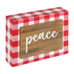 "Peace" 3D Red Buffalo Check Plaid Wood Block Sign