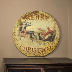 "Merry Christmas" Santa, Reindeer & Sleigh Retro-Look Distressed Sign (Pick Up Only) -Christmas Decoration H165028 75844