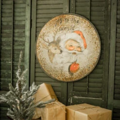 "Joy To The World" Santa & Reindeer Distressed Round Sign (Pick Up Only) -Christmas Decoration RagonHouseProduct082919 200 62776