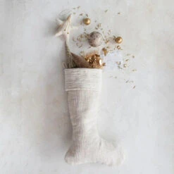 Cotton Slub Stocking With Voile Cuff, Cream