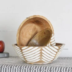 Carved Line Pattern Mango Wood Bowl, 3 Size Options