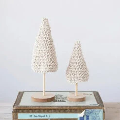 Cotton Crochet Cone Trees With Wood Bases, Cream, 2 Size Options