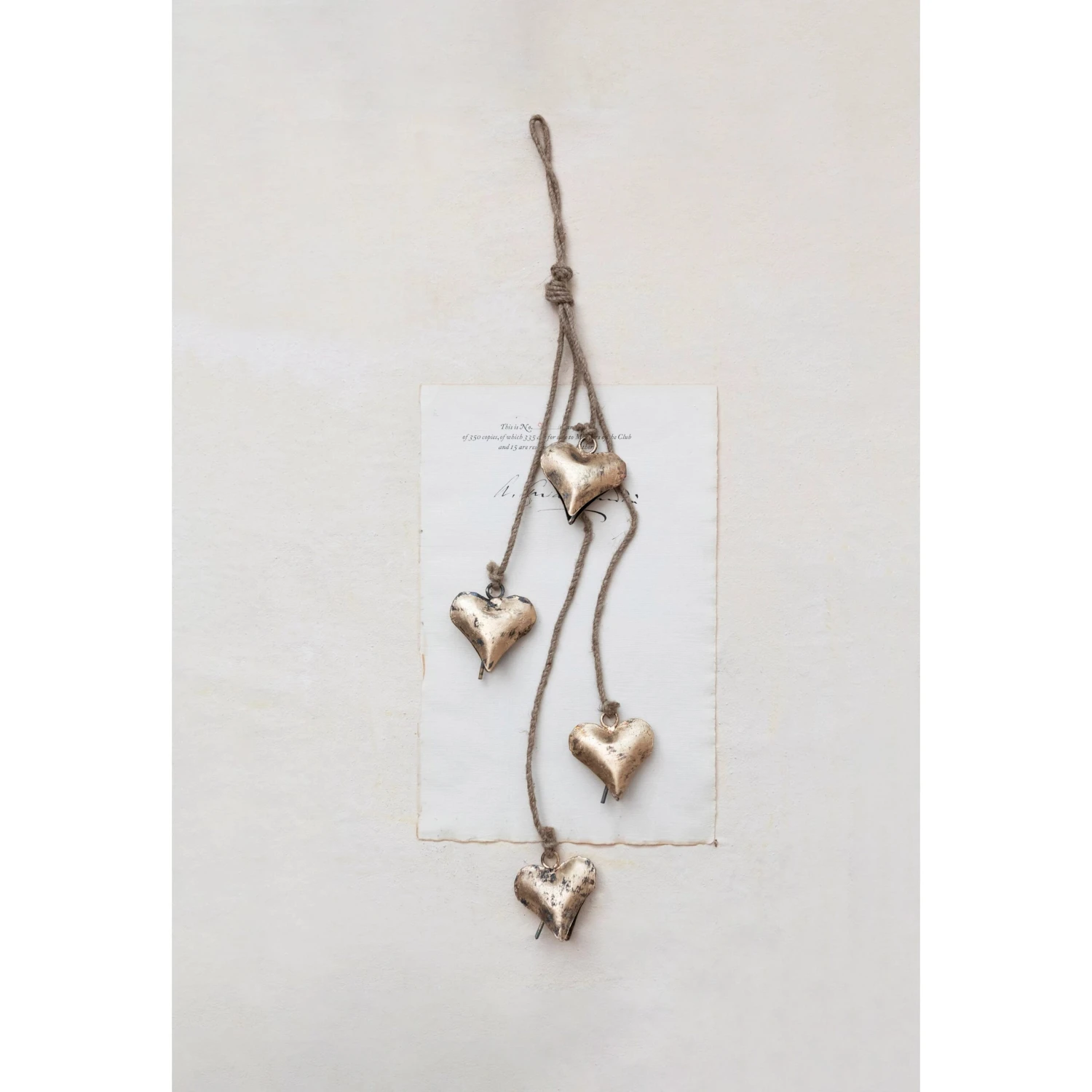 Metal Hearts On Jute Rope, Antique Brass Finish 3 Metal Hearts On Jute Rope, Antique Brass Finish