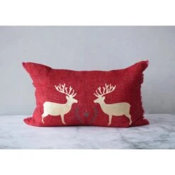 Lumbar Pillow With Gold Foil Deer & Frayed Edge, Red