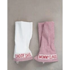 "Mommy Claus / Daddy Claus" Embroidery & Stripes Kitchen Towel, White & Red, 2 Style Options