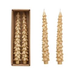 10" Unscented Tree Shaped Taper Candles, Gold, Boxed Set Of 2