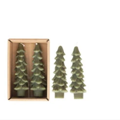 5" Unscented Tree Shaped Taper Candles, Evergreen, Boxed Set Of 2