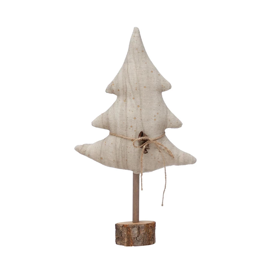 Antiqued Canvas Tree With Wood Base, Jute Tie And Bells, Natural 3 Antiqued Canvas Tree With Wood Base, Jute Tie And Bells, Natural