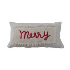 "Merry" Cotton Slub Lumbar Pillow With Fringe & Embroidery, Cream & Red
