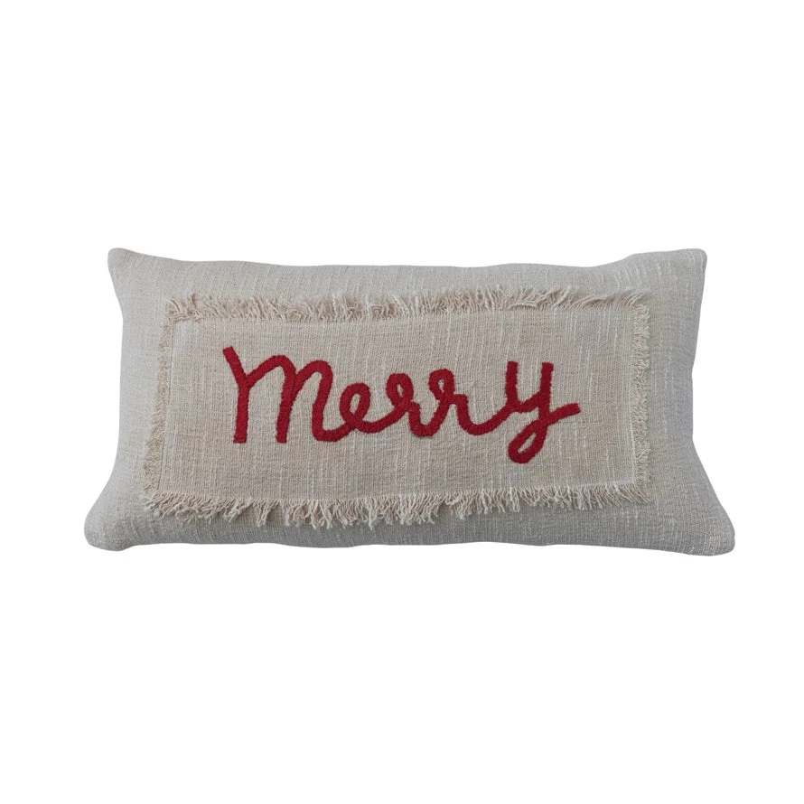 "Merry" Cotton Slub Lumbar Pillow With Fringe & Embroidery, Cream & Red 3 "Merry" Cotton Slub Lumbar Pillow With Fringe & Embroidery, Cream & Red