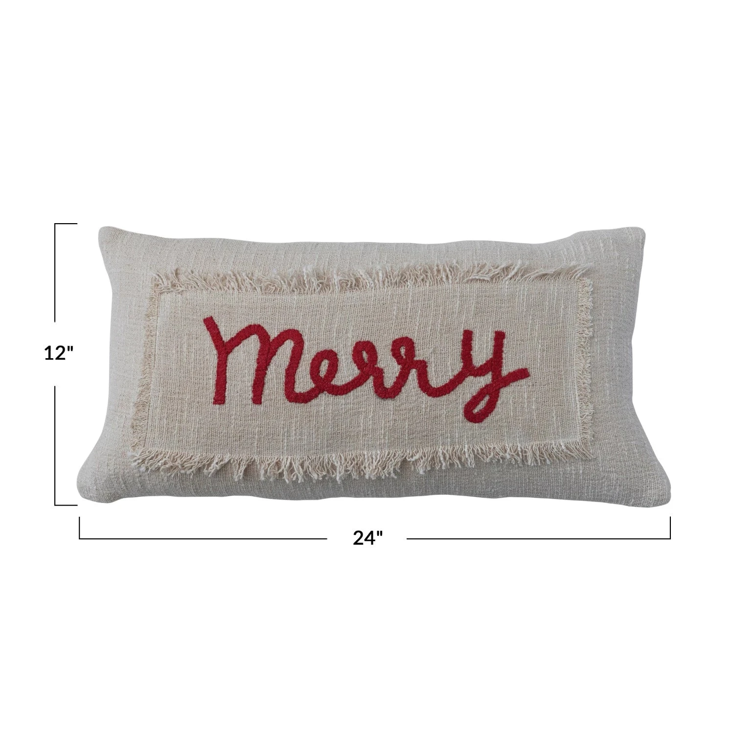 "Merry" Cotton Slub Lumbar Pillow With Fringe & Embroidery, Cream & Red 4 "Merry" Cotton Slub Lumbar Pillow With Fringe & Embroidery, Cream & Red - Image 2