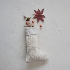 Wool Knit Stocking With Cotton Slub Cuff, Cream