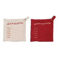 Cotton Slub Pot Holder With Embroidery, 2 Color Options -Christmas Decoration xs3803a